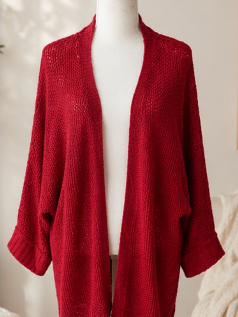ChicSoul Deep Red Open Knit Cardigan | Oversized Slouchy Layering Sweater 1X